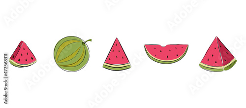Various pieces of watermelon, drawn by hand. watermelon drawn by hand. Vector eps illustration