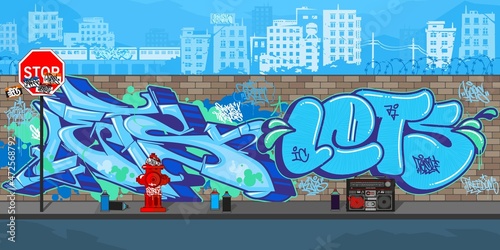 Colorful Blue Outdoor Urban Streetart Graffiti Wall With Drawings Against The Background Of The Cityscape Vector Illustration