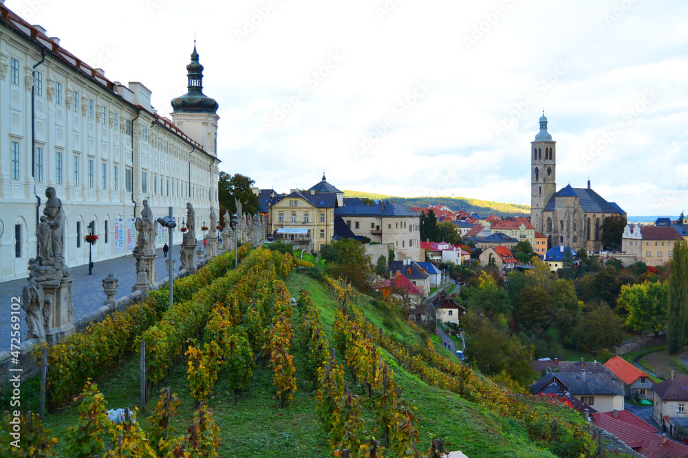 Beautiful panoramic view of Kutna Hora, Czech Republic. Jesuit College on the left and The Church of St James (Jacob) on the right. Autumn season