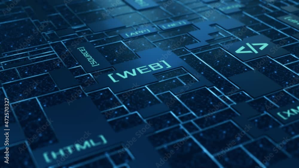 abstract electronic circuit with cpu, keywords and icons, web development and web design concept, software development process (3d render)