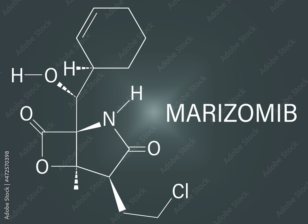 Marizomib (salinosporamide A) cancer drug molecule (proteasome inhibitor). Skeletal formula.