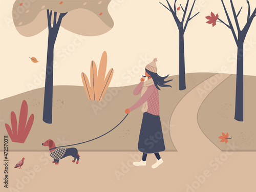 Cute girl walking with dog dachshund in overalls in autumn city park or forest and having coffee. Fall soothing outdoors landscape: trees, leaves, bushes in funky figures style. Vector illustration