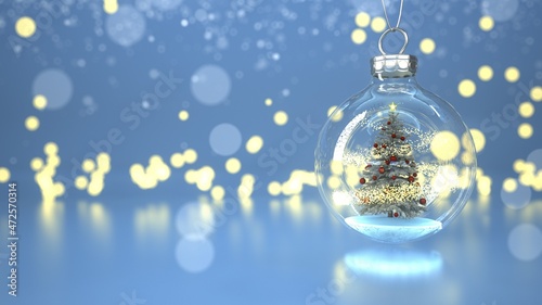Foto Weihnachtsbaum in der Christbaumkugel, im Hintergrund Bokeh Lichter