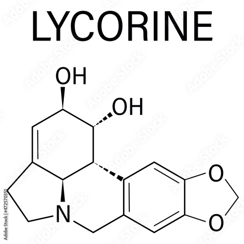 Lycorine alkaloid molecule. Found in Amaryllidaceae plants  including lilies and daffodils. Skeletal formula.