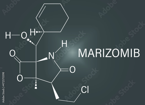 Marizomib (salinosporamide A) cancer drug molecule (proteasome inhibitor). Skeletal formula. photo