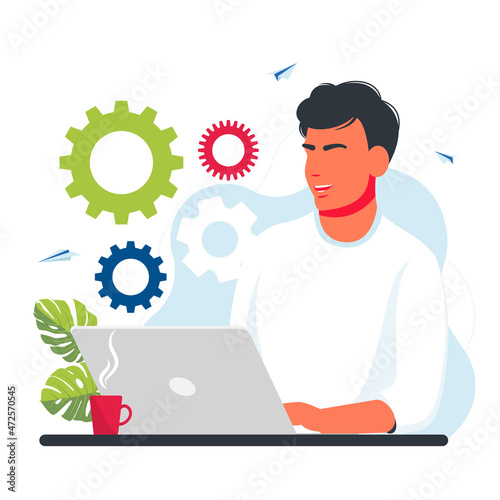 vector illustration of a man working at a laptop. freelance. promotion in the network. manager at remote work. business mechanism, abstract background with gears, business promotion, strategy analysis