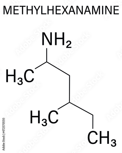 Methylhexanamine (dimethylamylamine, DMAA) stimulant molecule. Skeletal formula.	