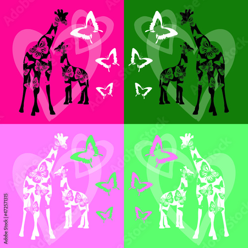 Vector giraffes mother and child in pink and green background. Repeated pattern for mother s day. Vector art background.