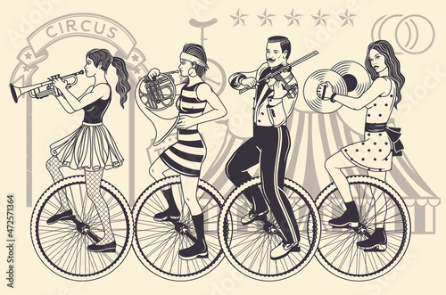 Circus Band Musicians. Circus Performer Unicycle Balance. Vector.