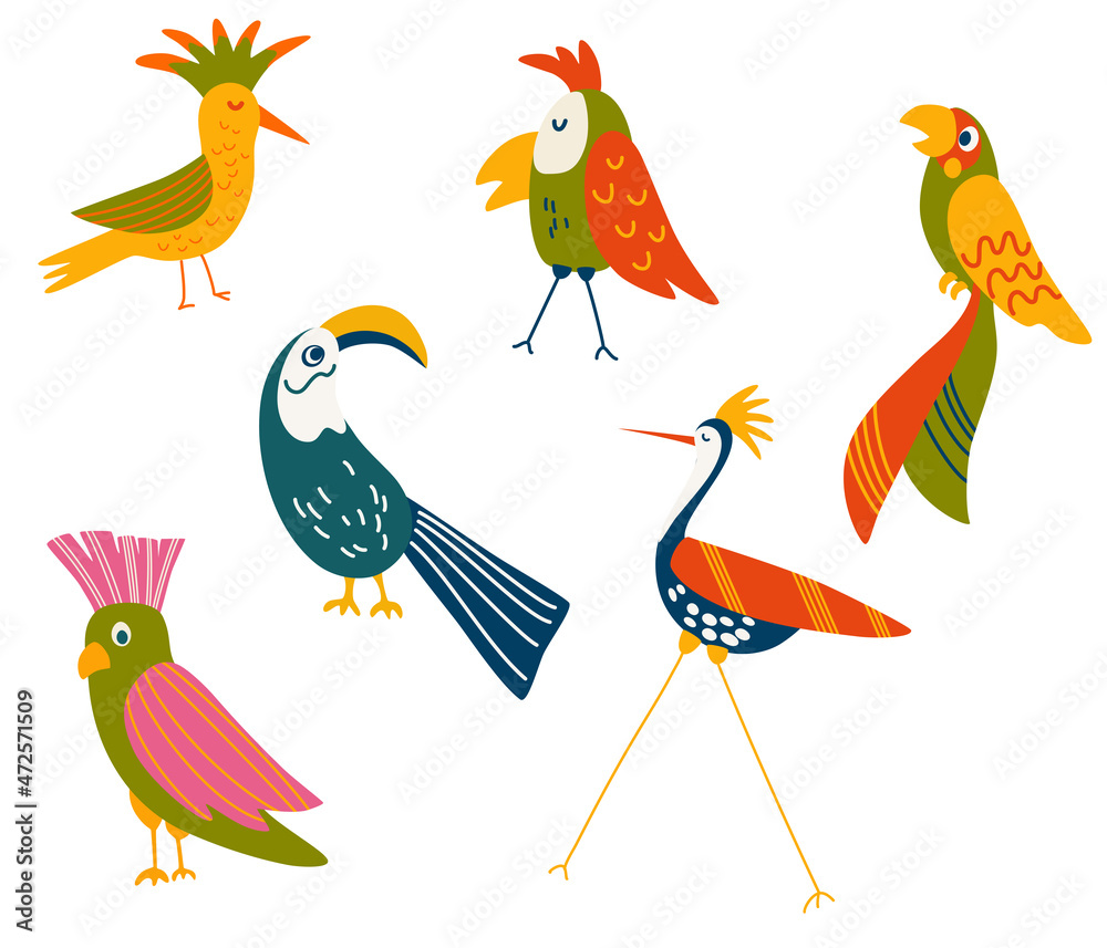 Obraz premium Tropical Birds Set. Macaws, cockatoos, parrots and toucans. exotic birds and animals characters. Vector hand draw cartoon illustration.