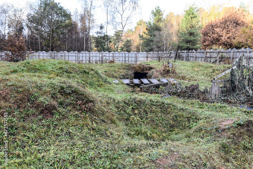 Sherwood Pines, UK - 19 Nov, 2021: Recreation World War 1 front line trenches as part of a memorial in Sherwood pines forest, Nottinhamshire, UK