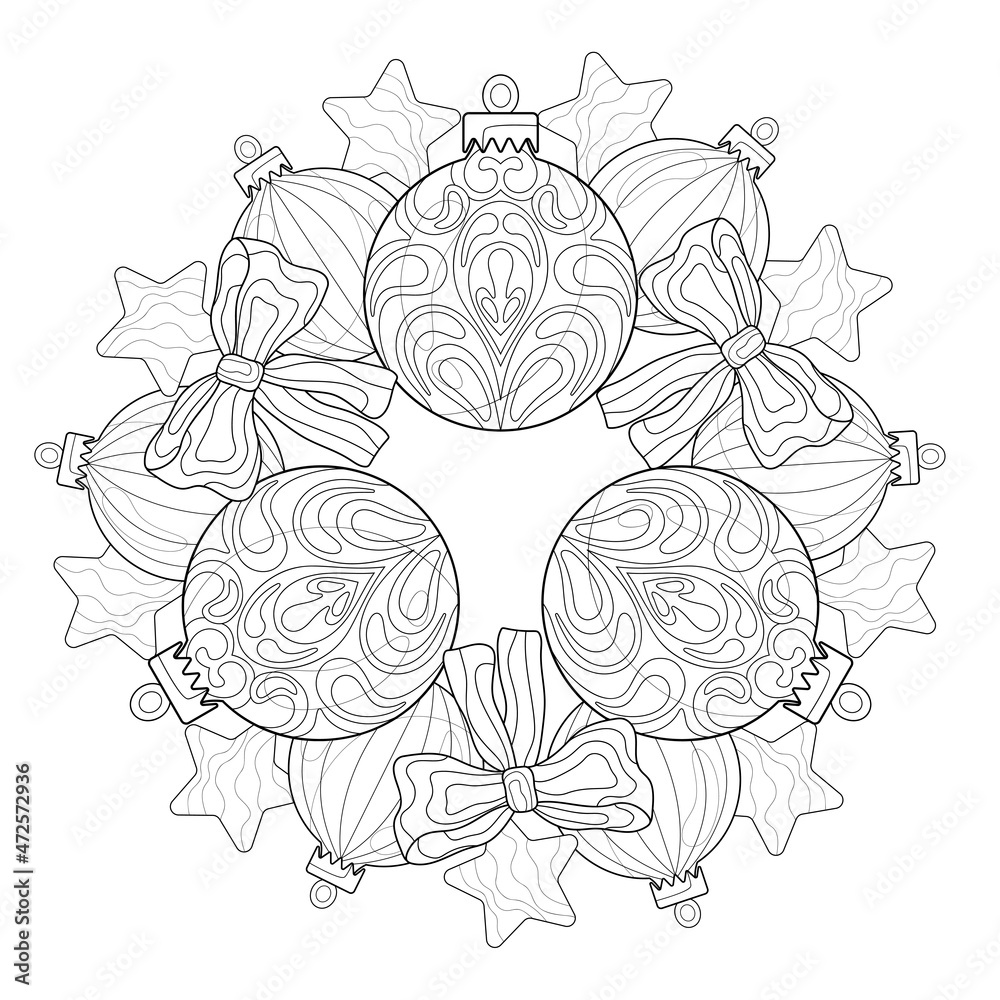 Fototapeta premium Christmas wreath or mandala of balls with patterns, bows and stars on a white isolated background. For coloring book pages.