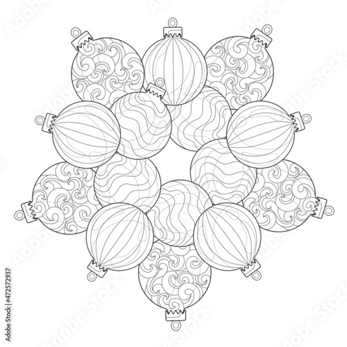 Winter mandala of Christmas balls with different patterns on a white isolated background. For coloring book pages.