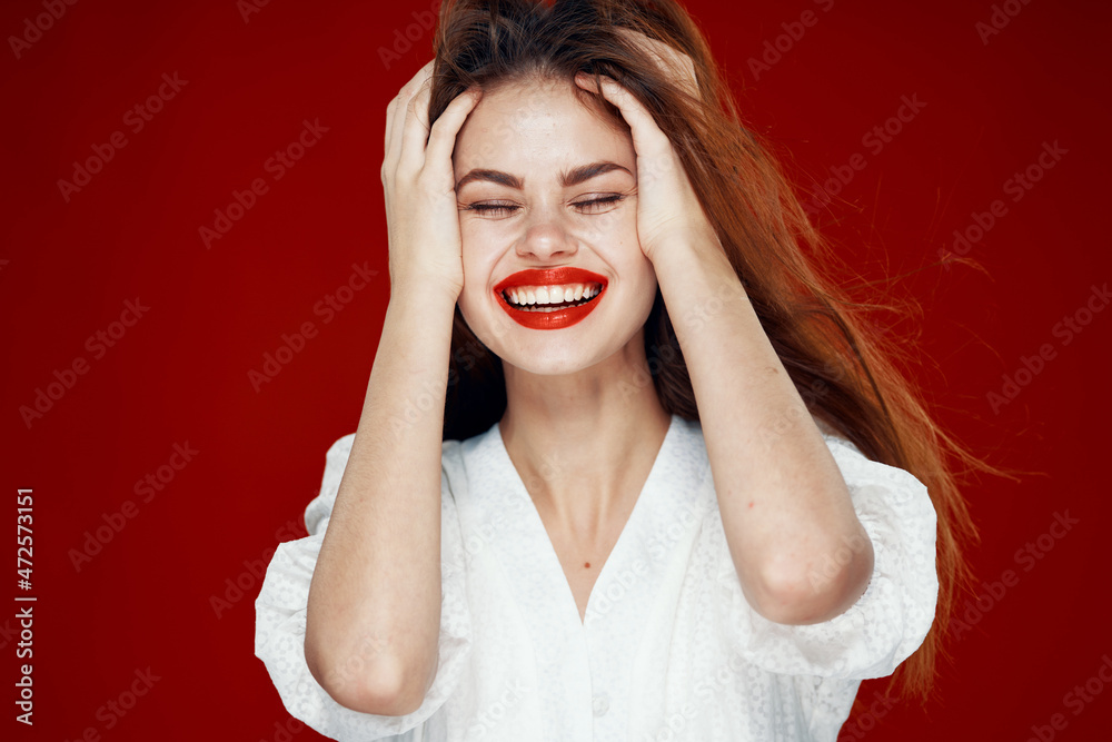 attractive woman red hair red lips posing glamor