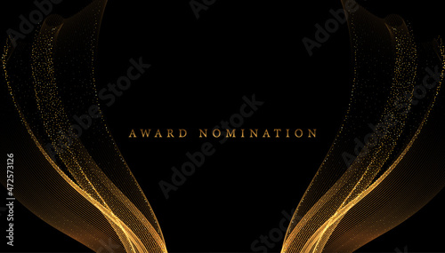 Abstract Gold Waves. Shiny golden moving lines design element with glitter effect on dark background for greeting card and disqount voucher.
