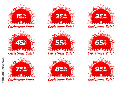 Christmas sale icon, label or banner set. Xmas discount promotion poster or card template with snowflakes. 15,25,35,45,55,65,75,85,95 percent price off. Vector illustration.