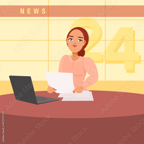 A female announcer gives the breaking news. Vector illustration. Television media concept.