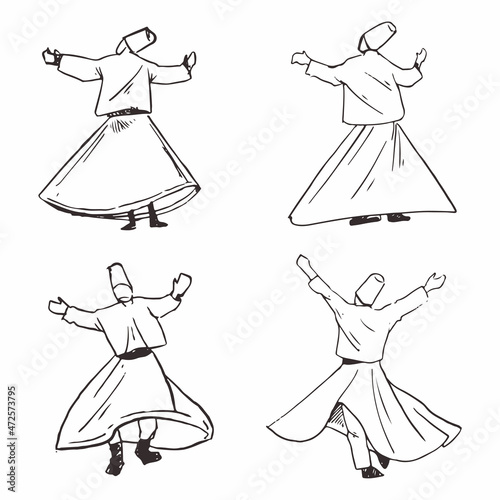 Hand drawn of Whirling dervish sufi dance isolated on white background.
