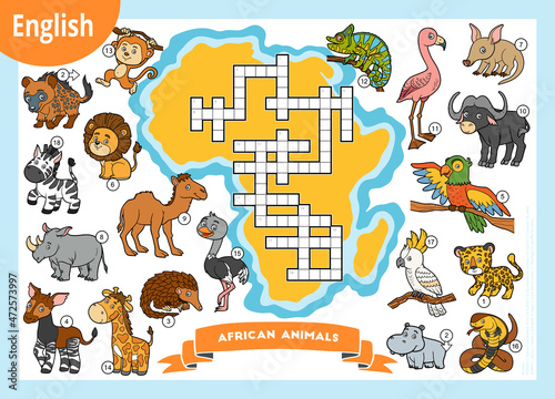 Vector colorful crossword in English, education game for kids. Cartoon animals of Africa