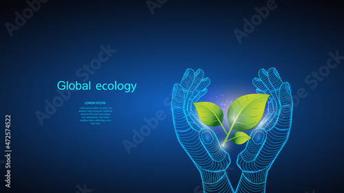 Vector illustration of artificial intelligence holding a plant in hand. Science, futuristic, web, network concept,communications, high technology. EPS 10