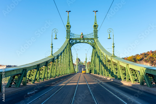 Tram on Elisabeth (Erzsebet) bridge in Budapest, Hungary