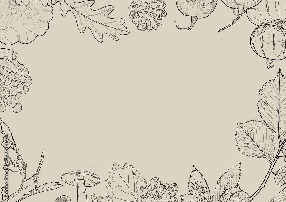 Autumn frame of pumpkins, mushrooms, leaves and berries on a gray background. Outline drawing. Copy space.