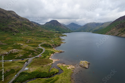 Aerial summer view in cloudy Scafell Pike, Lake District, United Kingdom