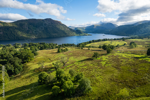 Aerial summer view of sunny surroundings of Ullswater lake, Lake District, United Kingdom