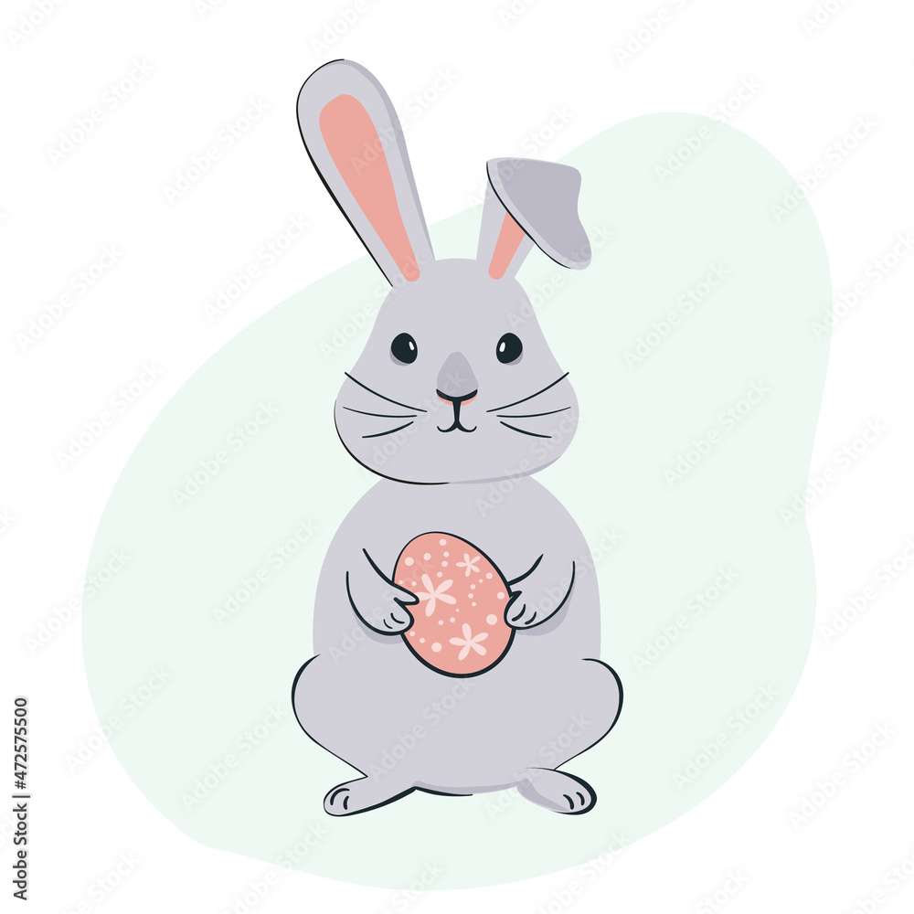 Fototapeta premium Easter bunny holding Easter egg. Happin Easter banner vector illustration