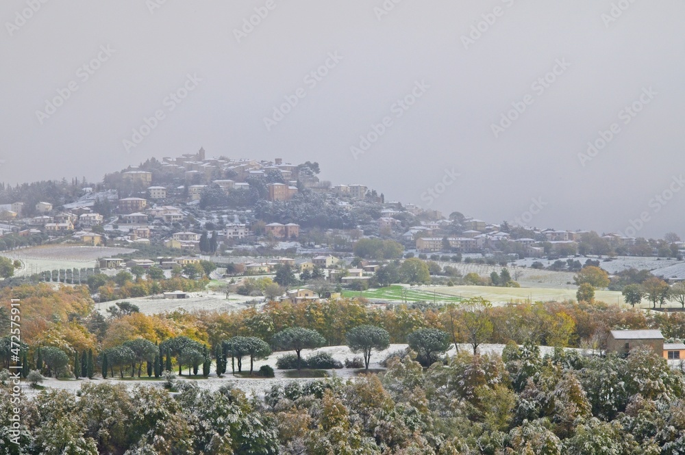 Snowy View from an Ancient Medieval Hilltop Town in Central Umbria Italy