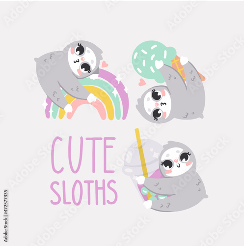  set of vector graphics. Cute sloths  rainbow  ice cream and boba tea