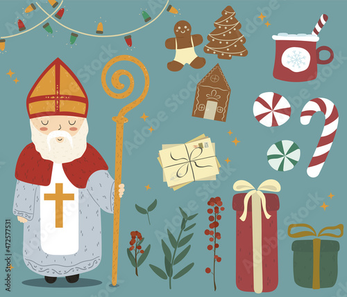 Set vector illustration pattern and set with green leaves, Ilex, cacao, letter, gingerbread cookies, gift and St. Nicholas. Dutch holiday Sinterklaas green background.