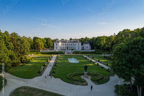 Aerial summer sunset view of historic palace in Palanga, Lithuania.