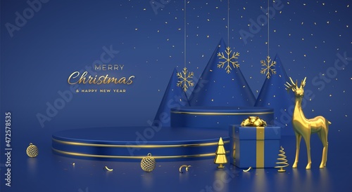 Christmas Scene and 3D round and cube platform on blue background. Blank Pedestal with deer, snowflakes, balls, gift boxes, golden metallic cone shape pine, spruce trees. Vector illustration.