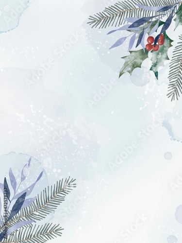 Watercolor winter background with plants, branches, berries and splashes. Christmas pre-made scene