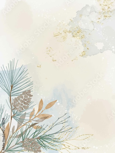 Watercolor winter background with plants, branches, berries and splashes. Christmas pre-made scene