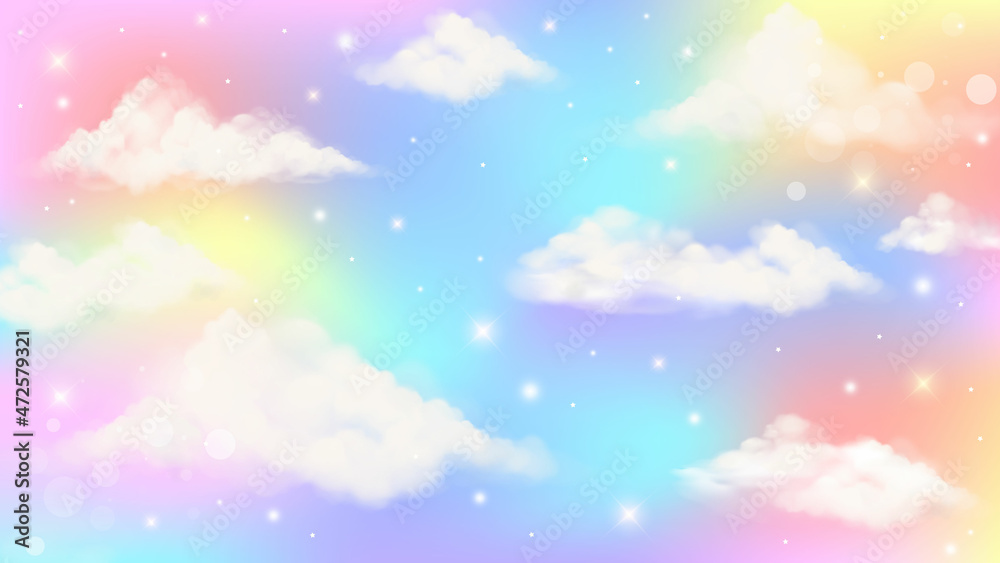 Holographic fantasy rainbow unicorn background with clouds. Pastel color sky. Magical landscape, abstract fabulous pattern. Cute candy wallpaper. Vector.