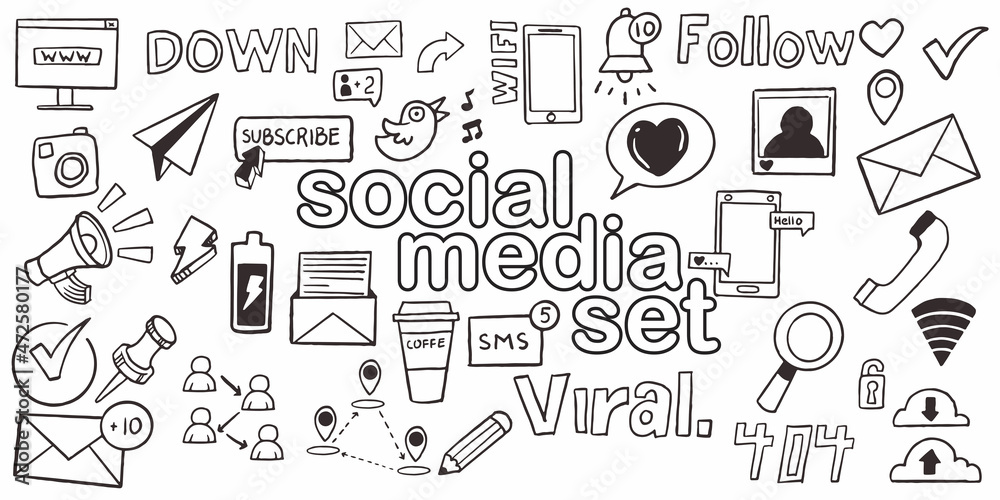 Set of hand drawn doodle social media for sales web promotion isolated on white background. Set of hand drawn doodle social media for sales web promotion isolated on white background.