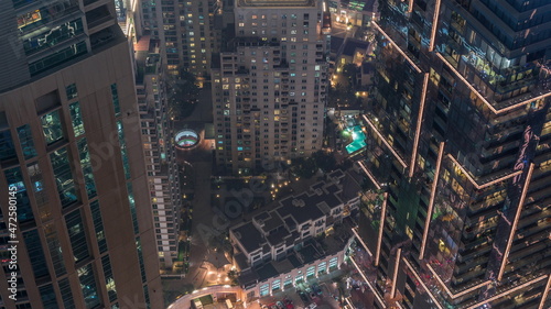 Dubai skyscrapers from above look down perspective timelapse. Dubai Marina aerial view