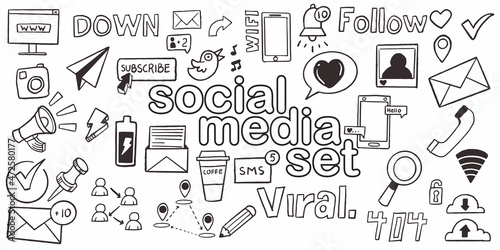 Set of hand drawn doodle social media for sales web promotion isolated on white background.