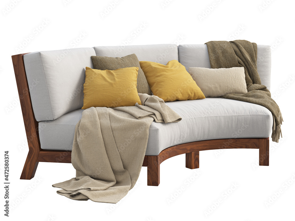 Modern semicircular outdoor sofa with pillows and throw plaids. 3d render Modern semicircular outdoor sofa with pillows and throw plaids. 3d render