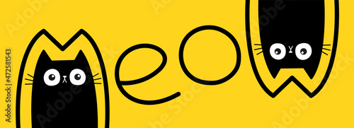 Two black cat face head set. Cute kittens. Meow lettering contour text. Cartoon character silhouette. Kawaii funny baby pet animal icon. Big eyes. Flat design. Yellow background. Isolated.