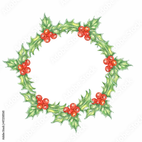 Hand drawn watercolor illustration.Holly berry wreath.