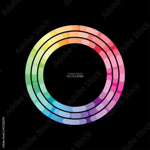 Colorful circle line rings swirl round frame spectrum colors isolated on black background for banner or template.