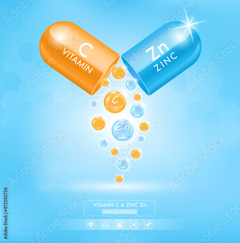 Zinc Zn blue and orange vitamin C with capsule solution serum. On white background. Natural cosmetics lotion for face or body. Beauty and Medicine Concepts. 3D Realistic Vector EPS10.