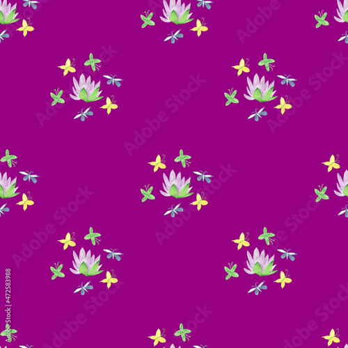 Seamless pattern with watercolor magic forest with fairy plants on Velvet Violet background. Repeating, botanical hand drawn print.Design for wrapping paper, packaging,social media,textiles,fabric.