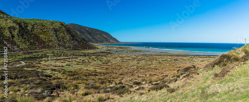 ニュージーランド 首都ウェリントンの近郊のワイヌイオマタのイースト・ハーバー・リージョナル・パークの丘から見えるビーチとクック海峡