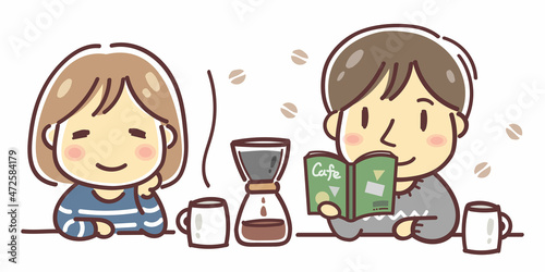 コーヒーを囲む男性と女性のイラスト