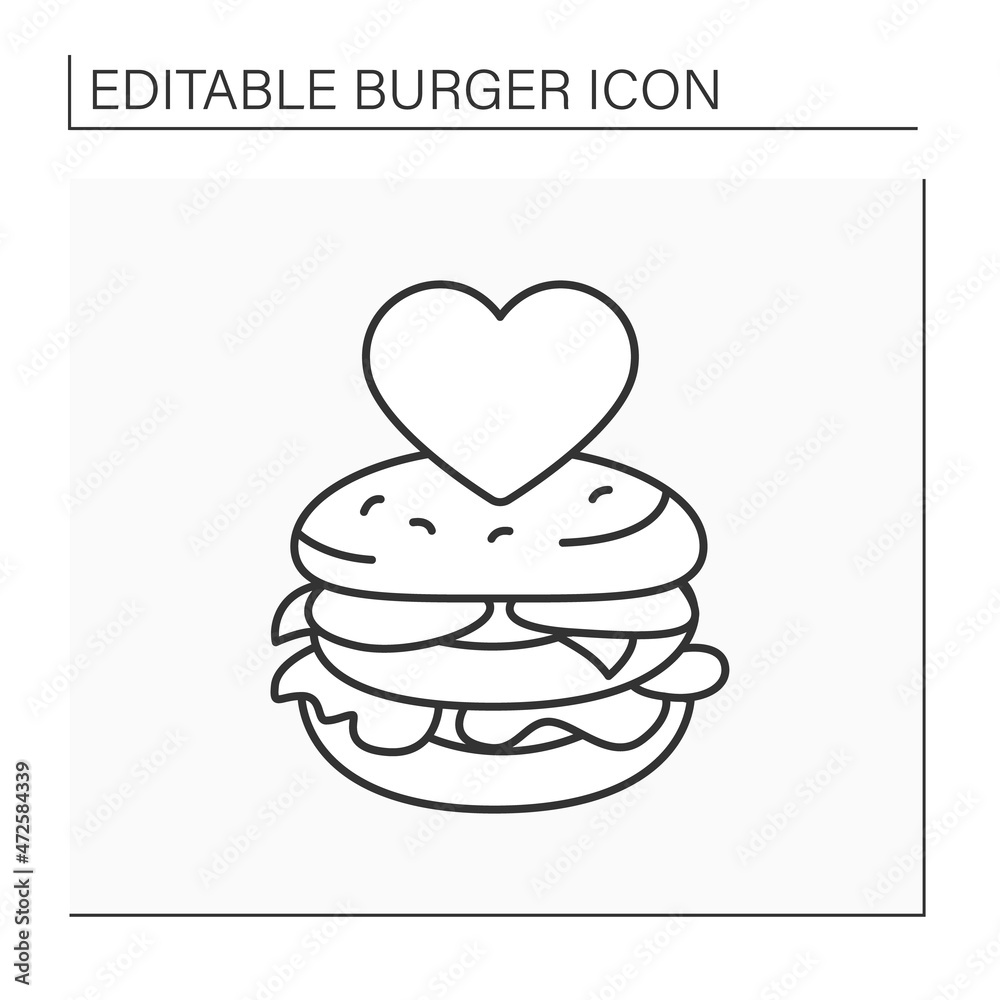 Burger lover line icon. Heart shape over burger. Love for unhealthy food.Fast food concept. Isolated vector illustration. Editable stroke