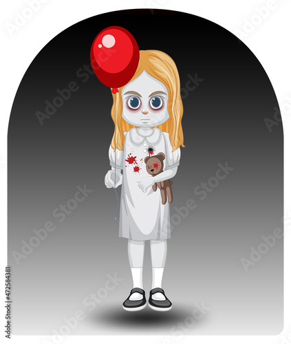 Scary little ghost girl holding red balloon